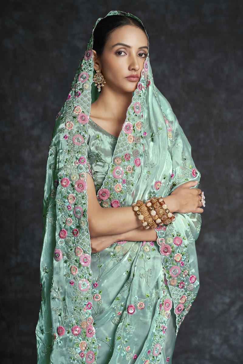 Organza Sea Green Trendy Wedding Wear Saree Clothsvilla