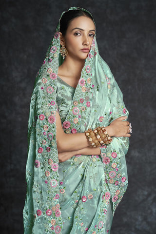 Organza Sea Green Trendy Wedding Wear Saree Clothsvilla