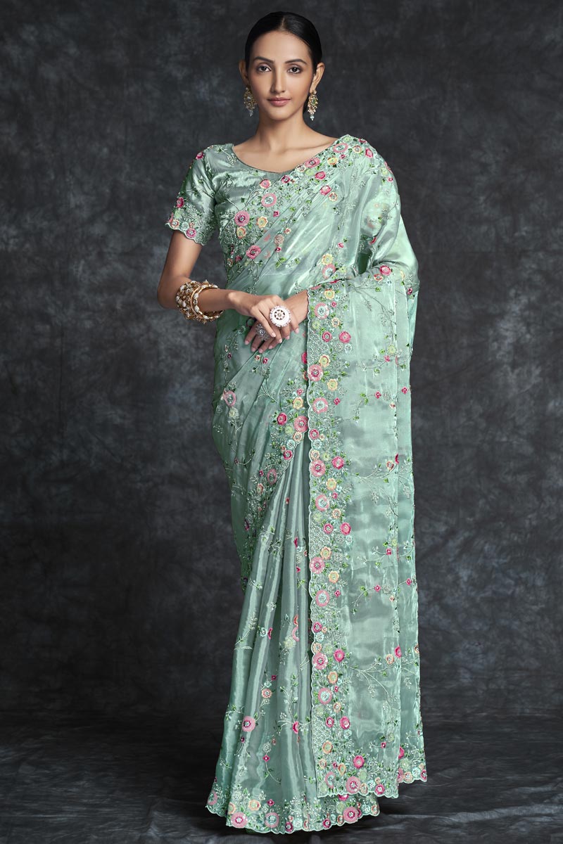 Organza Sea Green Trendy Wedding Wear Saree Clothsvilla