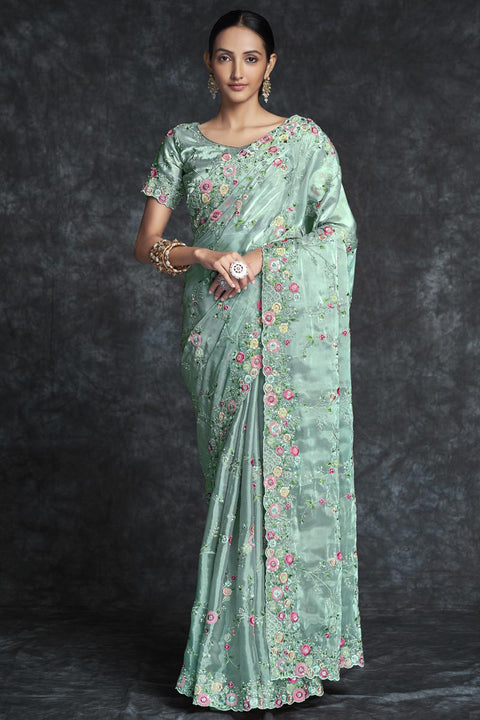 Organza Sea Green Trendy Wedding Wear Saree Clothsvilla Main image