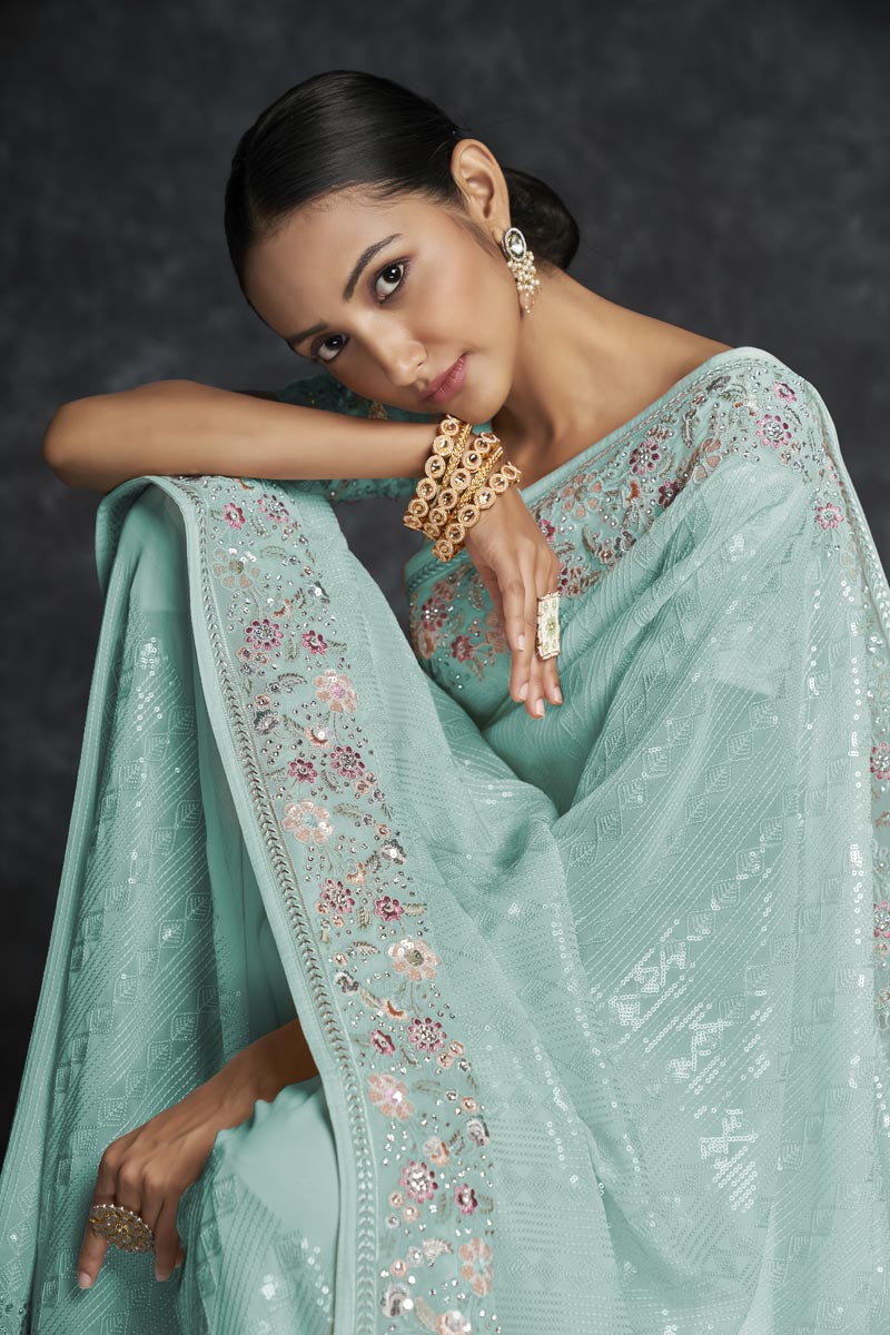 Festival Wear Stunning Cyan Color Saree In Jacquard Work Art Silk Fabric