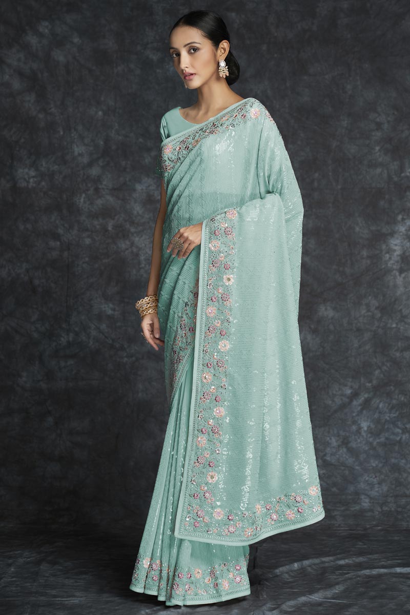 Cyan Color Georgette Embroidered Contemporary Style Saree Clothsvilla