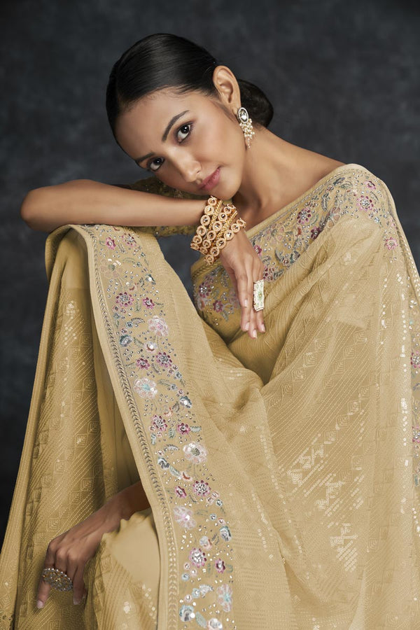 Georgette Wedding Wear Mustard Color Saree Clothsvilla
