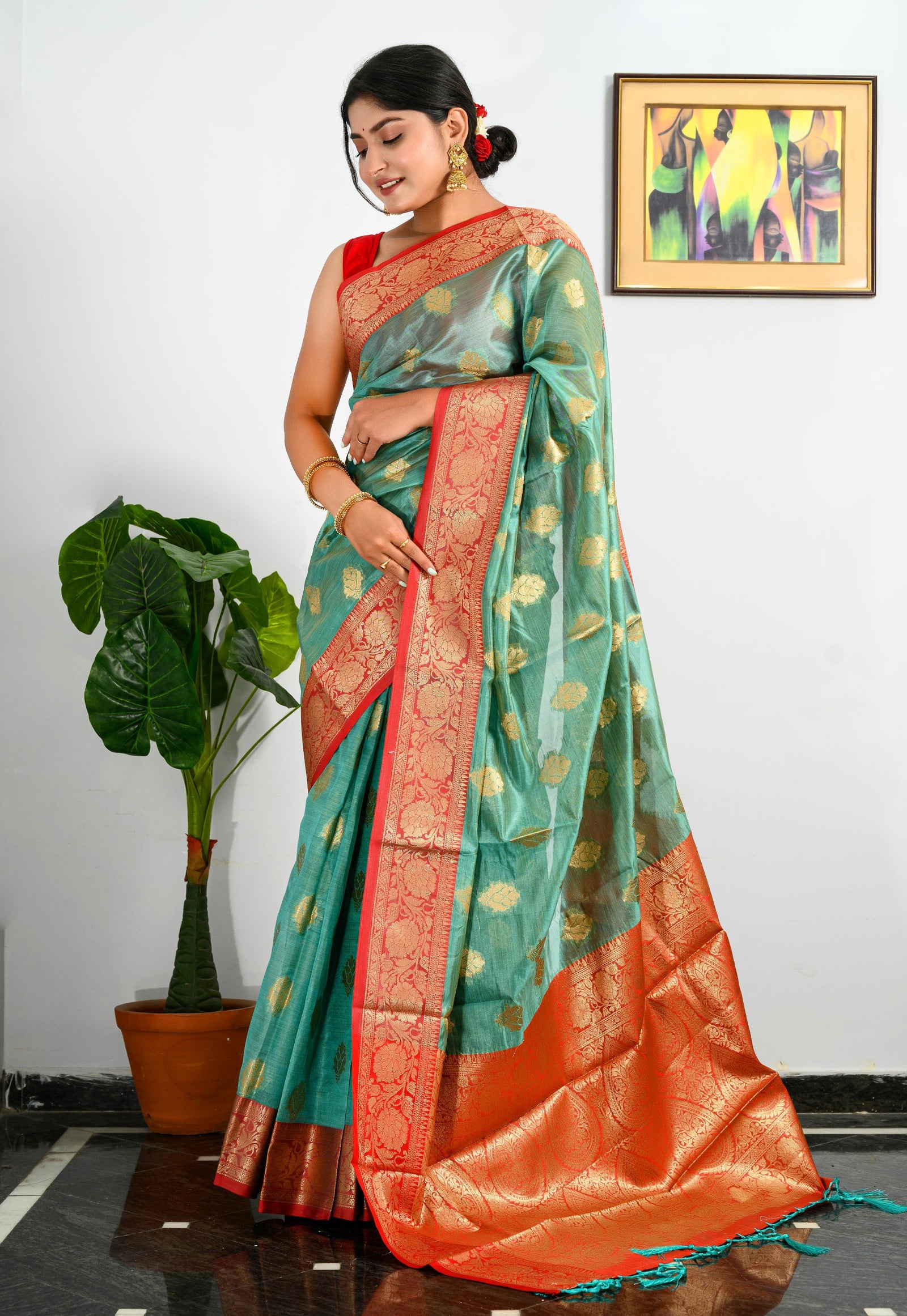 Organza Chaap Woven Fountain Blue Clothsvilla