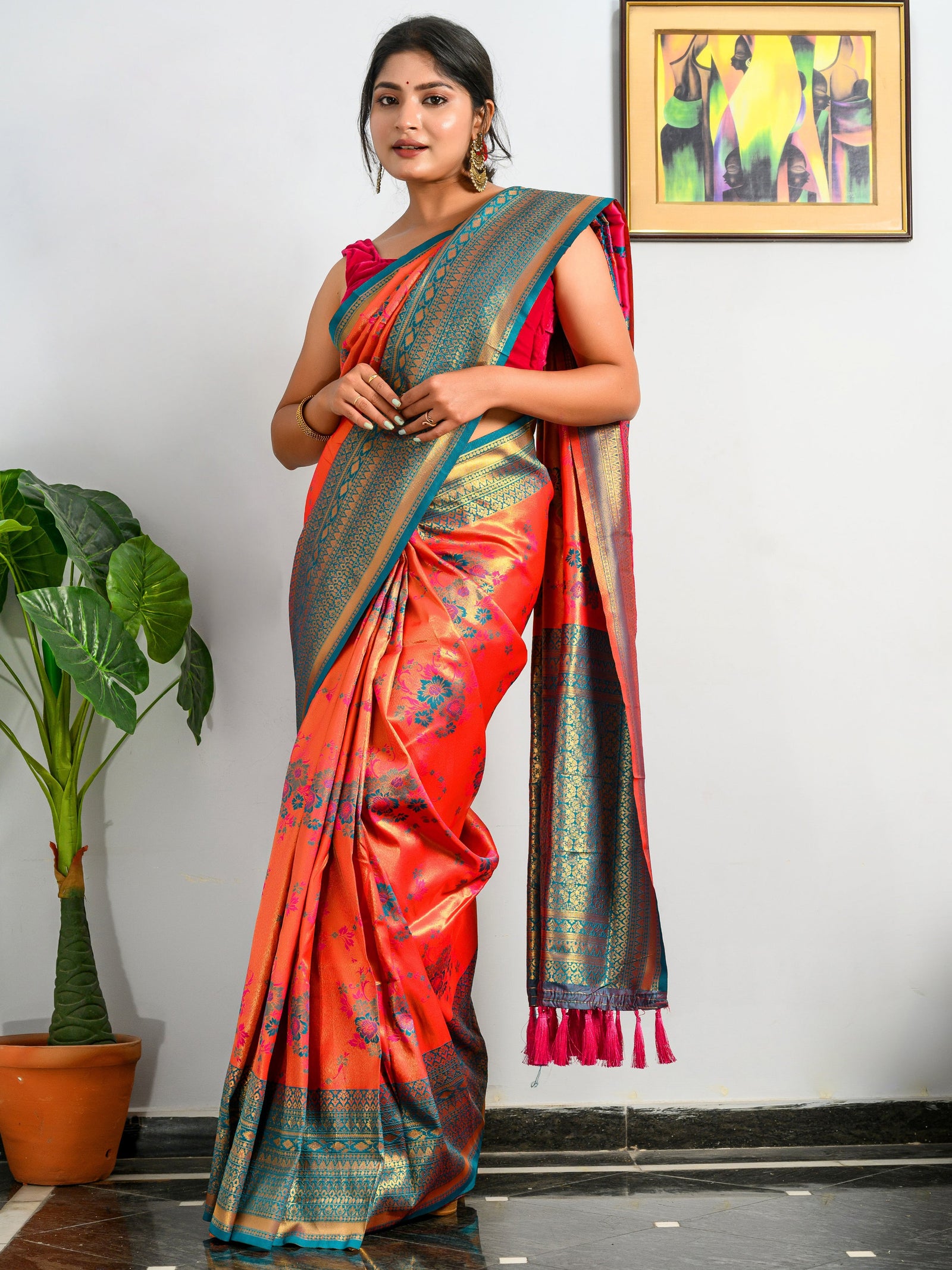 Pure Kanjeevaram Meenakari Woven Saree Reddish Orange Clothsvilla