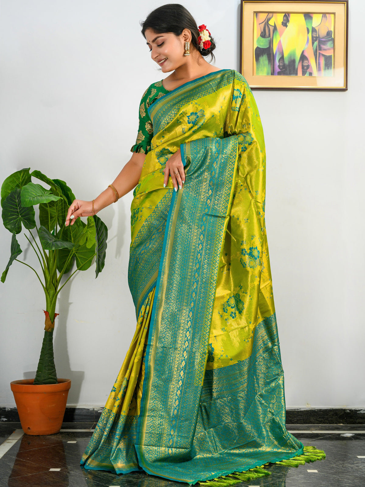 Pure Kanjeevaram Meenakari Woven Saree Mustard Green Clothsvilla Main image