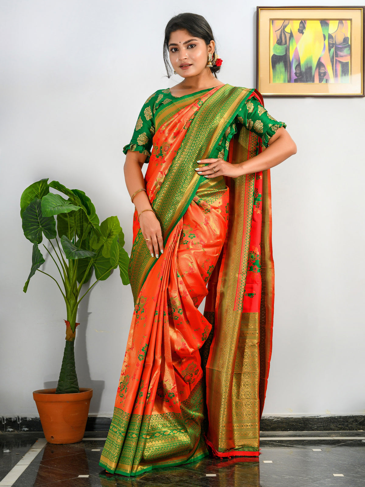 Pure Kanjeevaram Meenakari Woven Saree International Orange Clothsvilla Main image