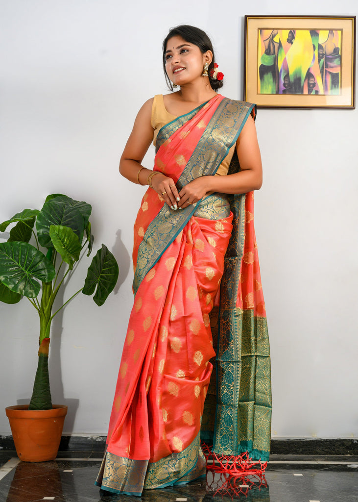 Red and Blue color silk sarees with digital print design with gold zari  foil border -SILK0006757