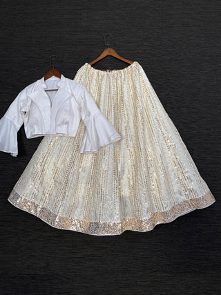 Off-White Color Sequins Work Taffeta Crop-Top Lehenga Clothsvilla