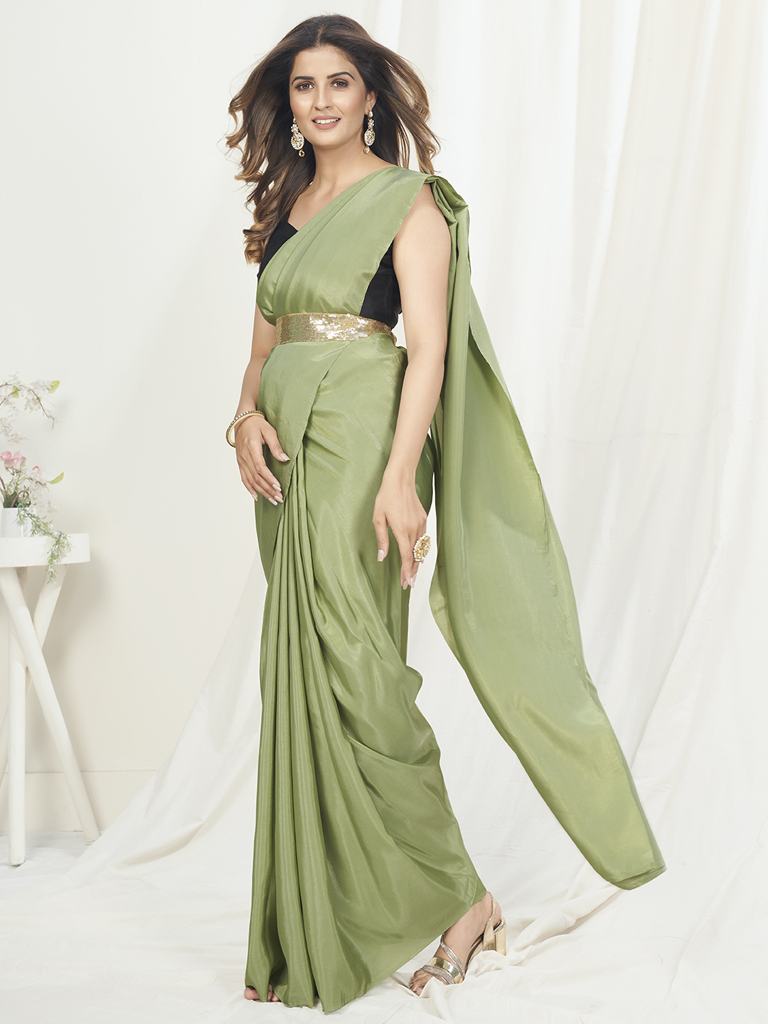 Tea Green Ready to Wear One Minute Saree In Satin Silk - Clothsvilla Tea Green Ready to Wear One Minute Saree In Satin Silk - Clothsvilla