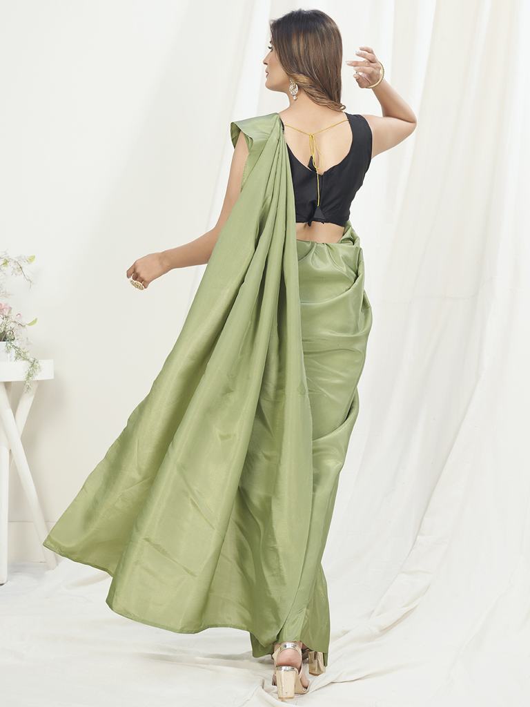 Tea Green Ready to Wear One Minute Saree In Satin Silk ClothsVilla