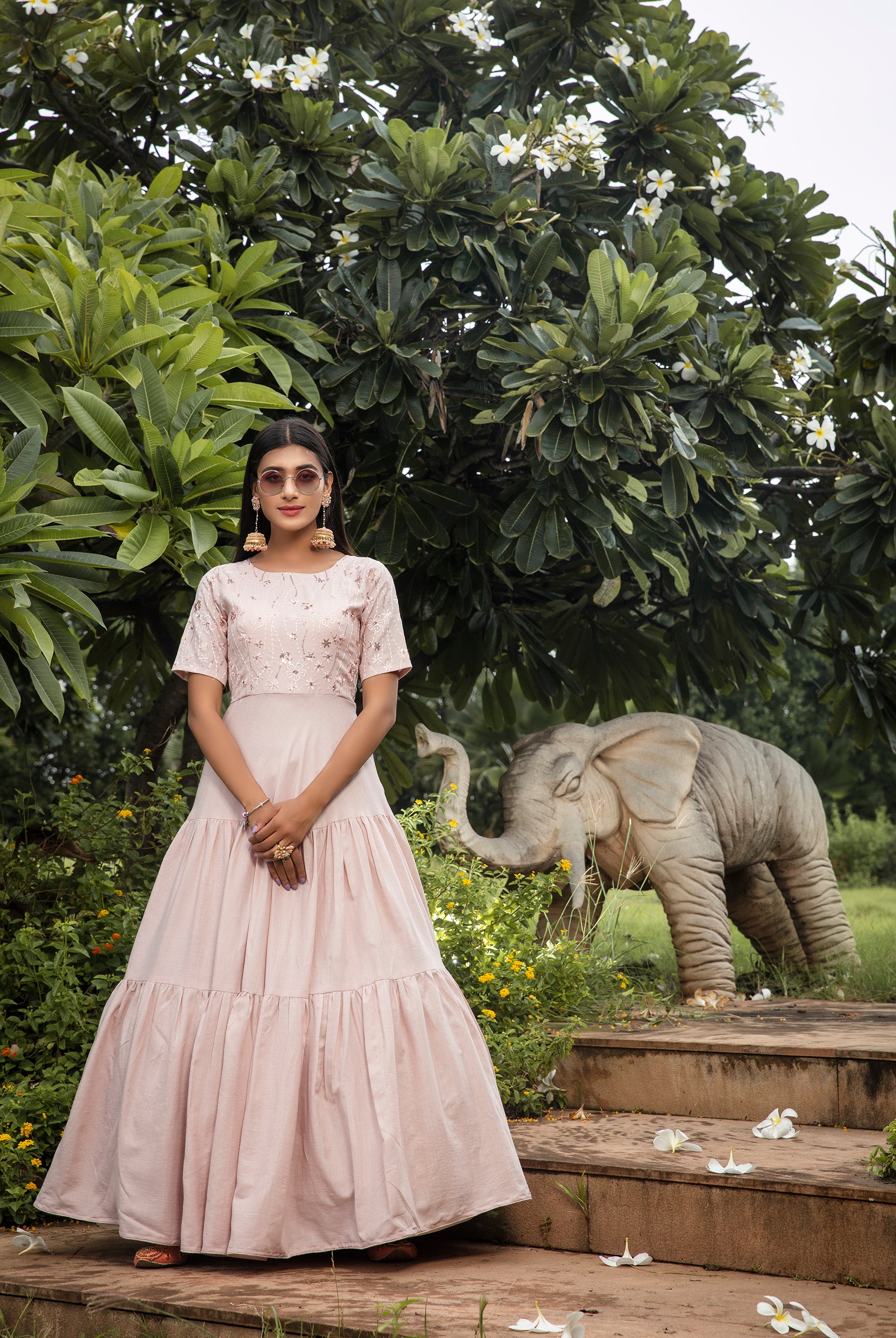 Tea Rose Pink Cotton Embroidered Party Gown ClothsVilla Main image