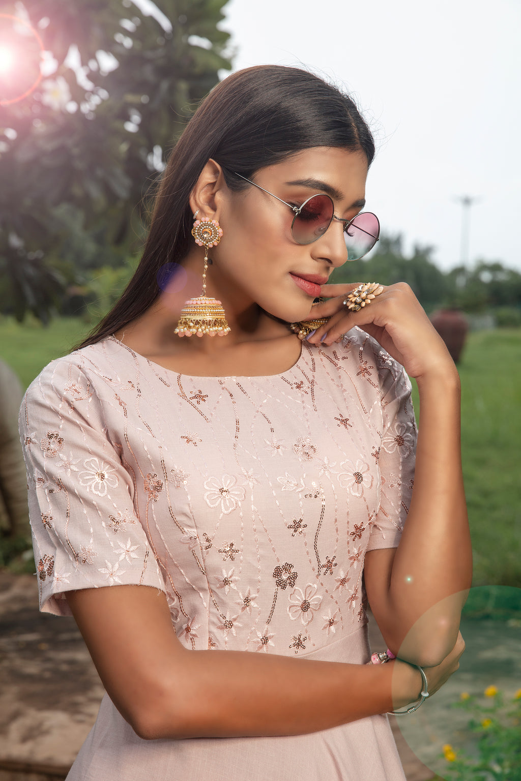 Tea Rose Pink Cotton Embroidered Party Gown ClothsVilla