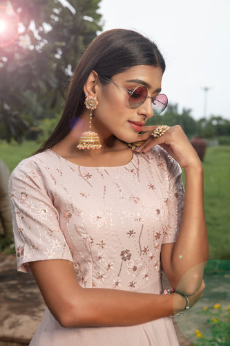 Tea Rose Pink Cotton Embroidered Party Gown ClothsVilla