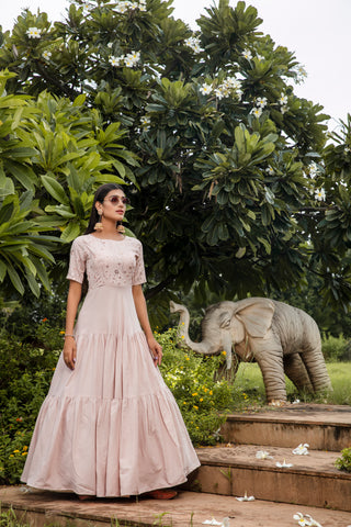 Tea Rose Pink Cotton Embroidered Party Gown ClothsVilla
