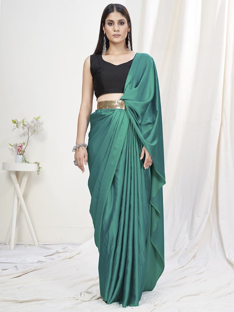 Teal Green Pre-Stitched Blended Silk Saree ClothsVilla Main image