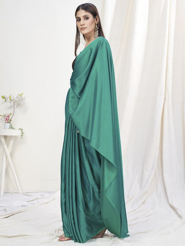 Teal Green Pre-Stitched Blended Silk Saree ClothsVilla