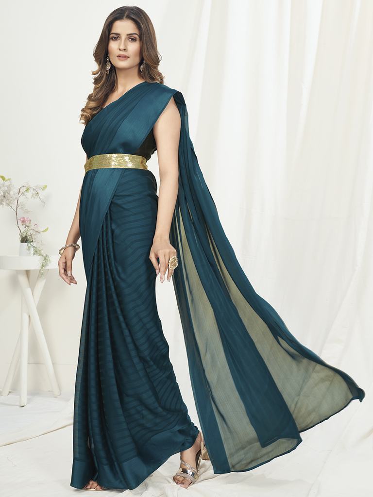 Teal Green Ready to Wear One Minute Saree In Satin Silk Secondary image