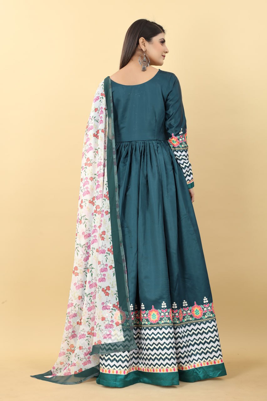Teal Blue Color Printed Malai Silk Gown Clothsvilla
