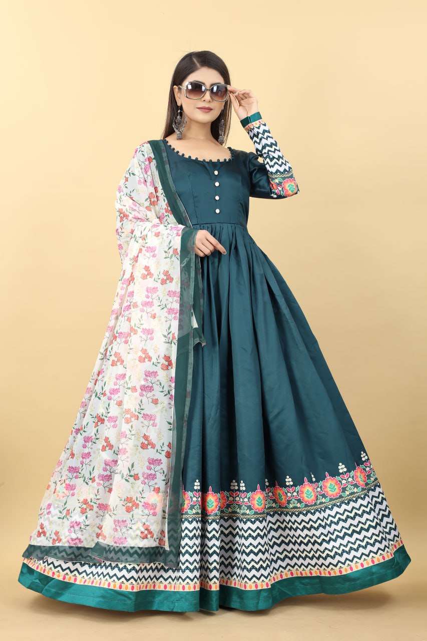 Teal Blue Color Printed Malai Silk Gown Clothsvilla