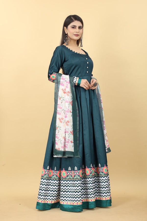 Teal Blue Color Printed Malai Silk Gown Clothsvilla