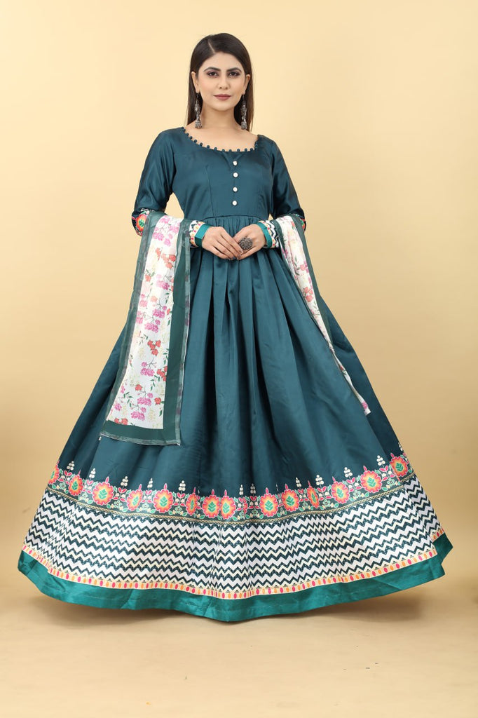 Teal Blue Color Printed Malai Silk Gown Clothsvilla