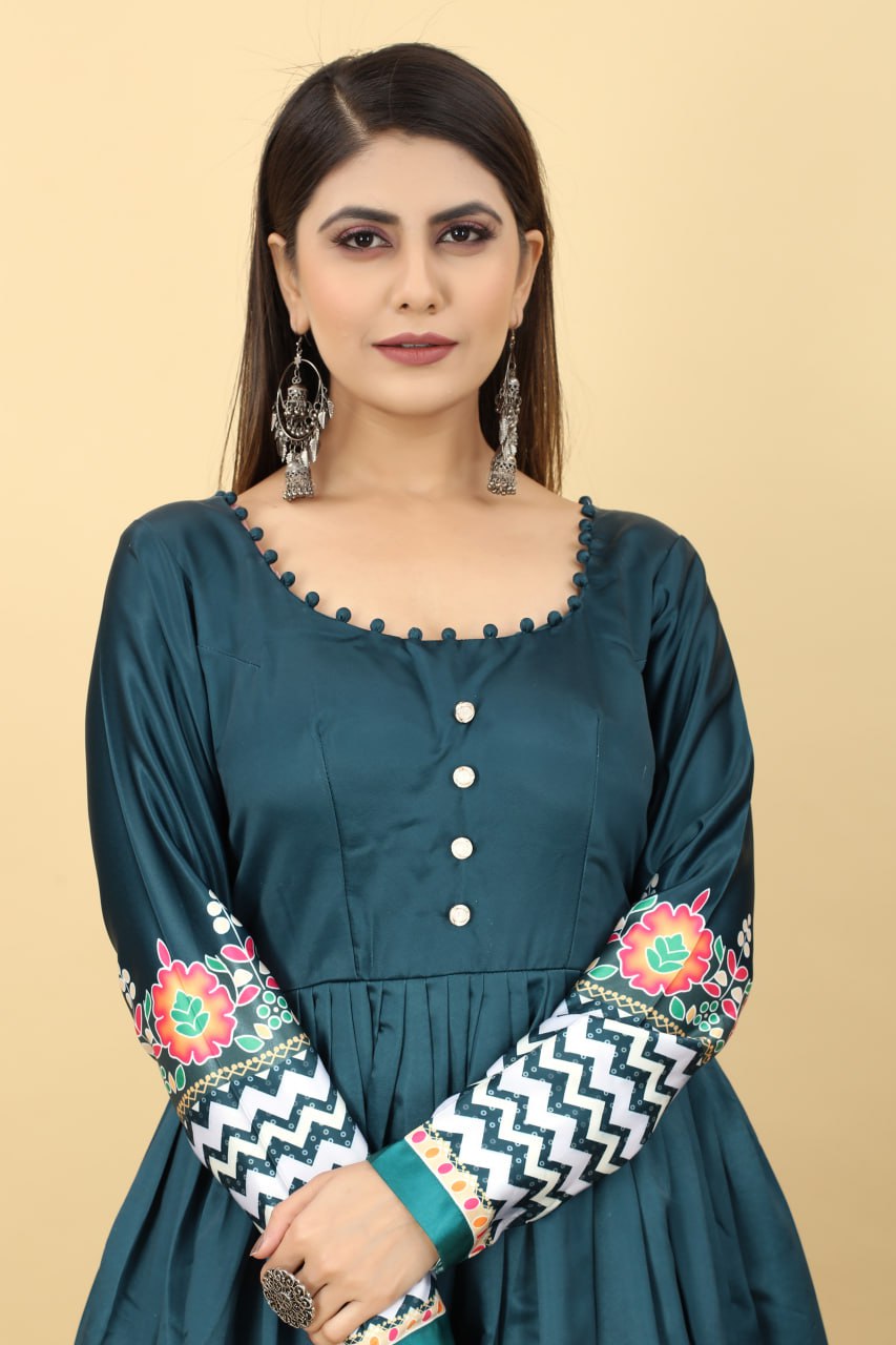 Teal Blue Color Printed Malai Silk Gown Clothsvilla