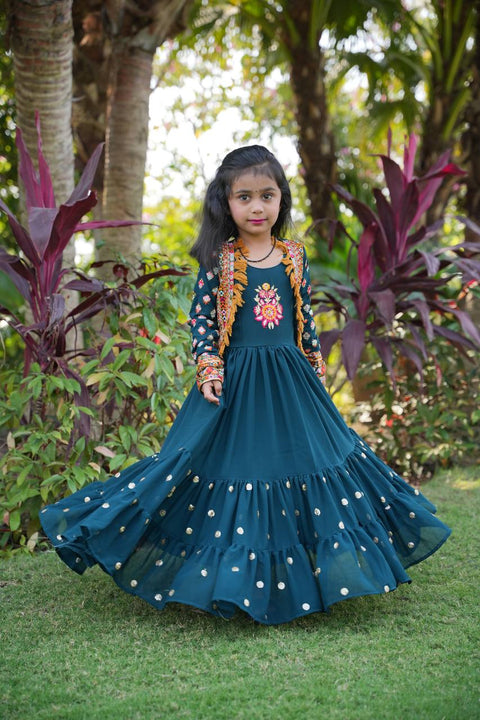 Teal Blue Color Ruffle Style Kids Gown With Koti Clothsvilla Main image