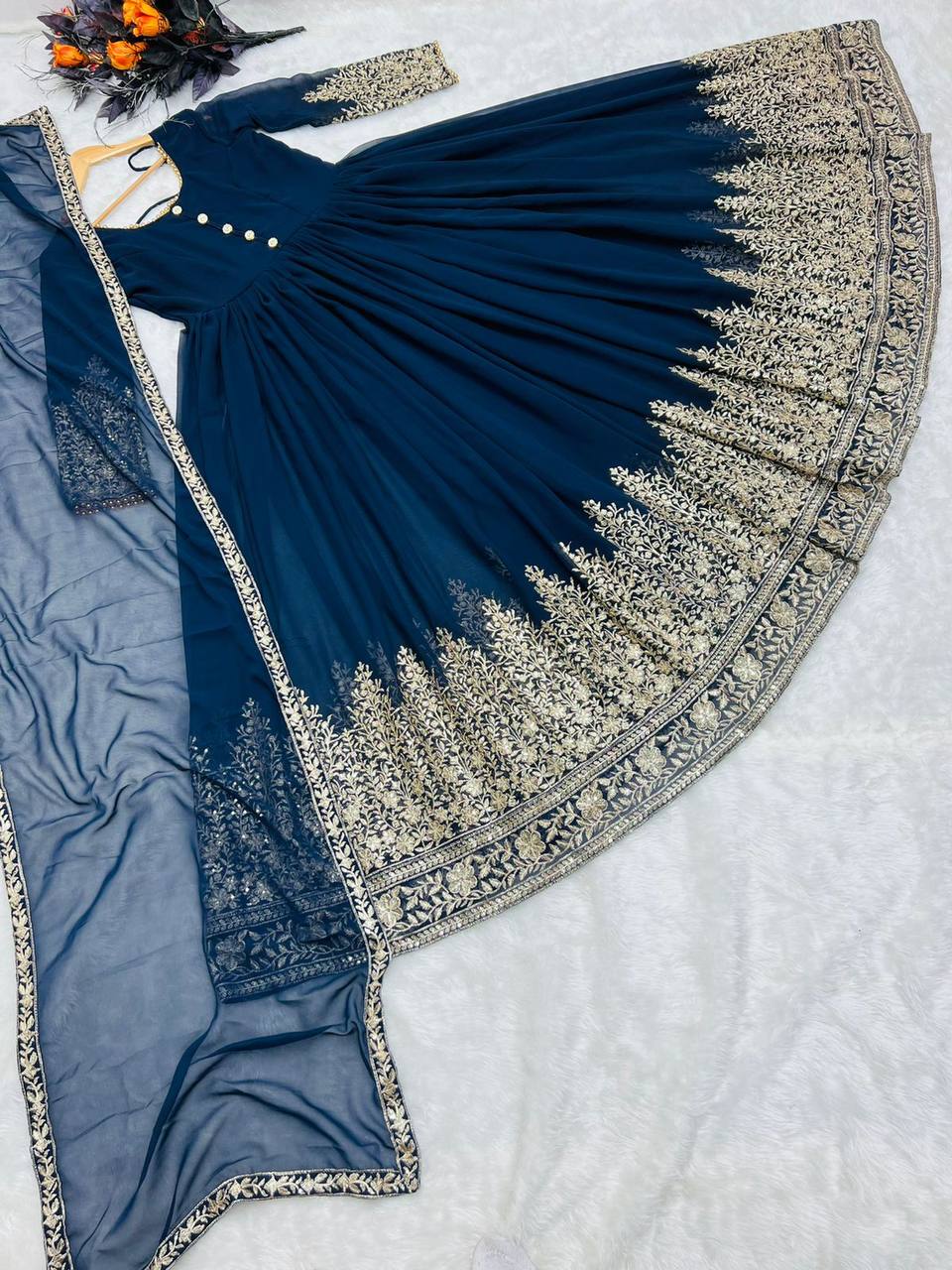 Teal Blue Color Sequence Embroidery Work Gown Clothsvilla