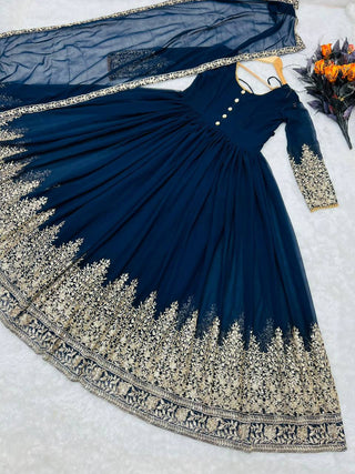 Teal Blue Color Sequence Embroidery Work Gown Clothsvilla