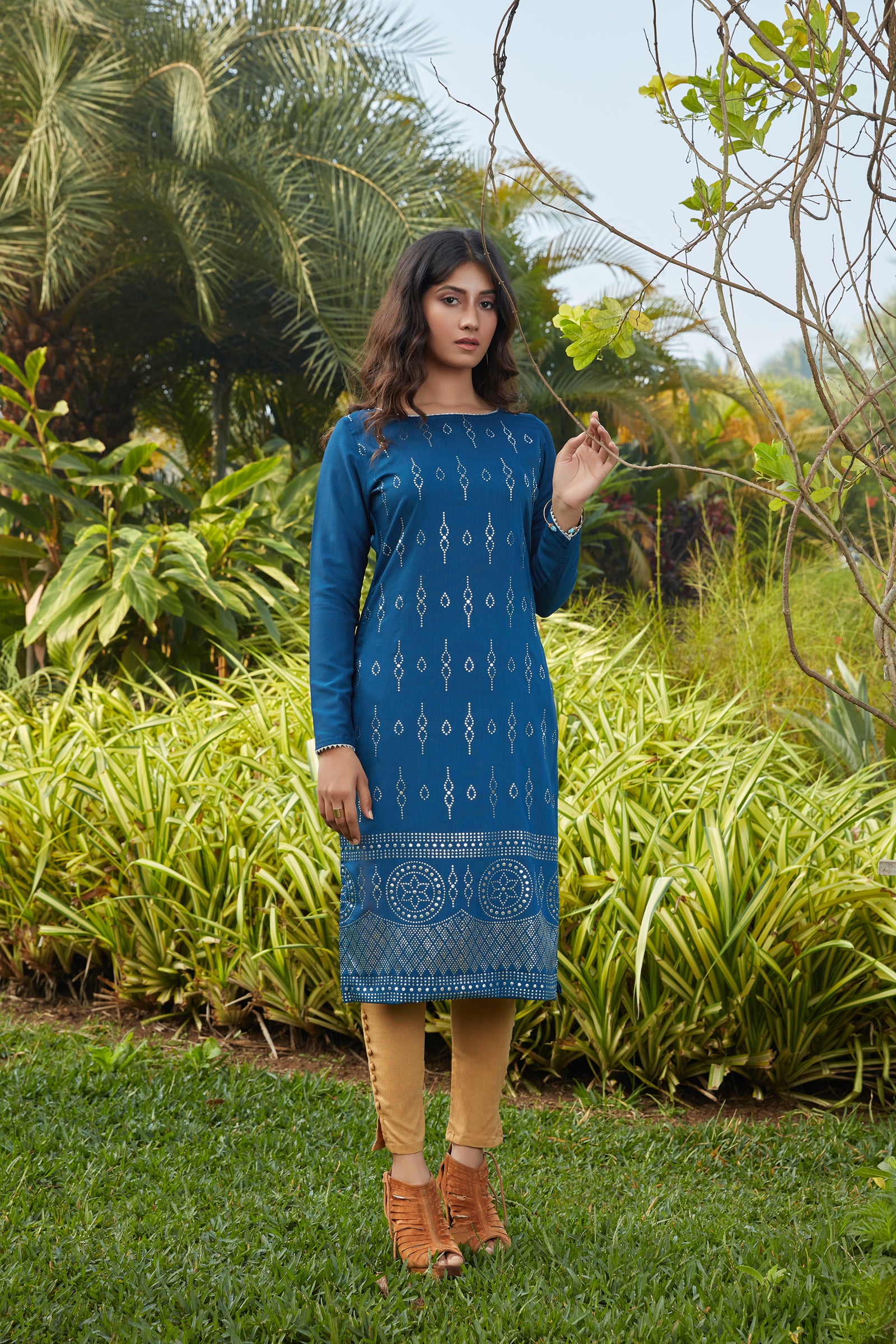 Teal Blue Mukaish Work Cotton Silk Kurta ClothsVilla