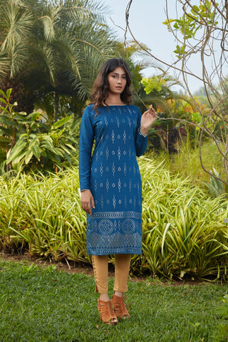 Teal Blue Mukaish Work Cotton Silk Kurta ClothsVilla