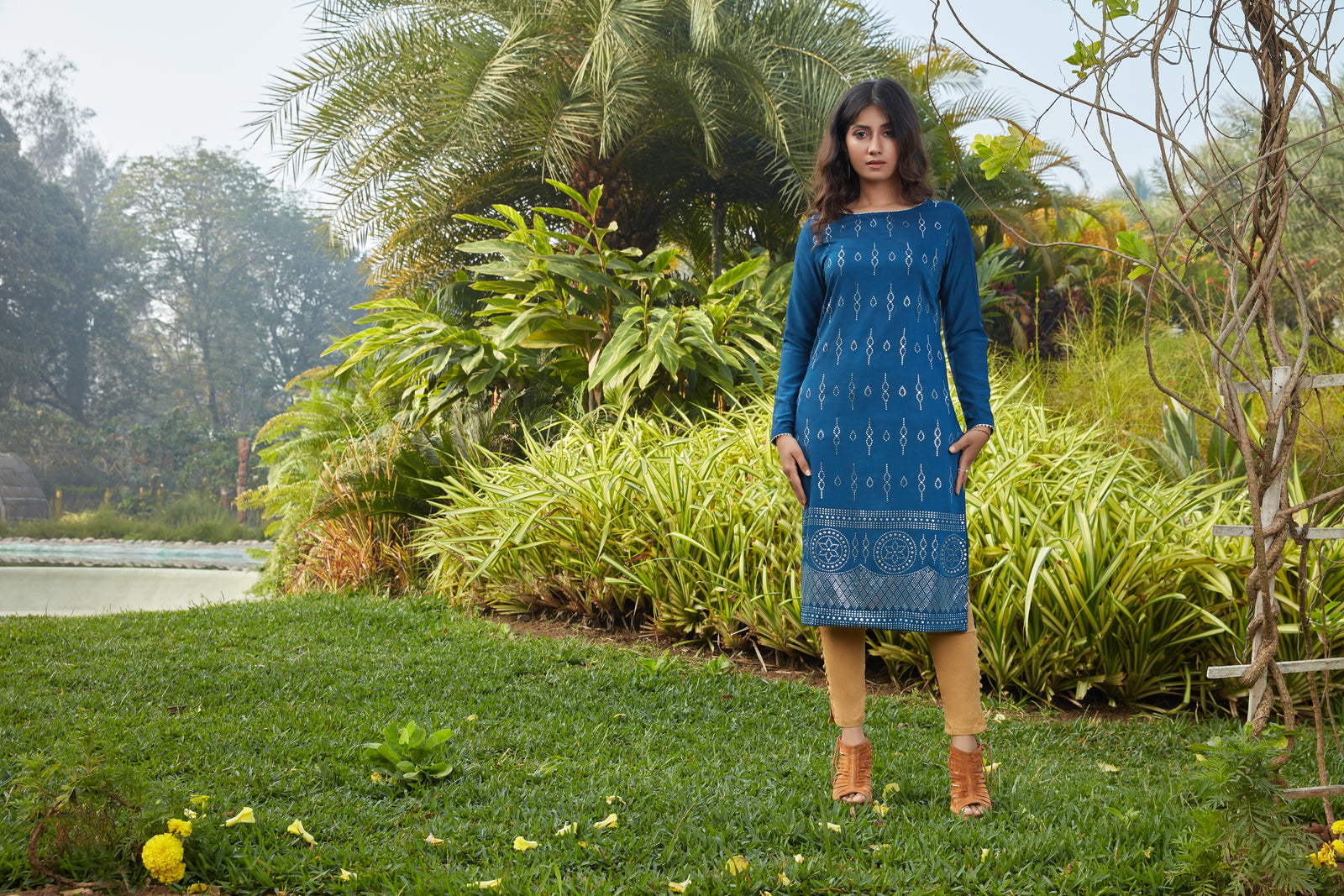 Teal Blue Mukaish Work Cotton Silk Kurta ClothsVilla