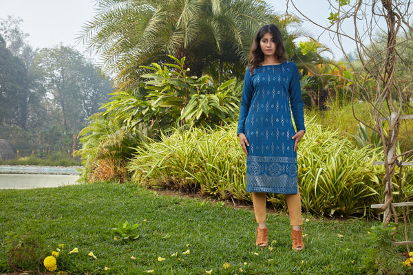 Teal Blue Mukaish Work Cotton Silk Kurta ClothsVilla