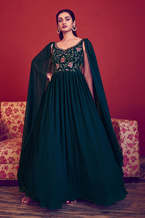 Teal Blue Off the Shoulder Embroidered Long Anarkali Style Gown ClothsVilla.com Main image
