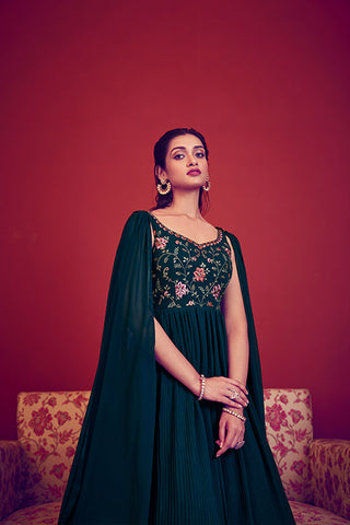 Teal Blue Off the Shoulder Embroidered Long Anarkali Style Gown ClothsVilla.com