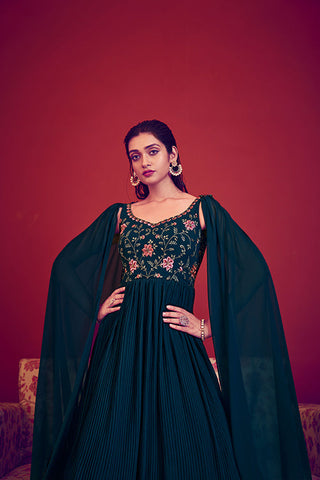 Teal Blue Off the Shoulder Embroidered Long Anarkali Style Gown ClothsVilla.com