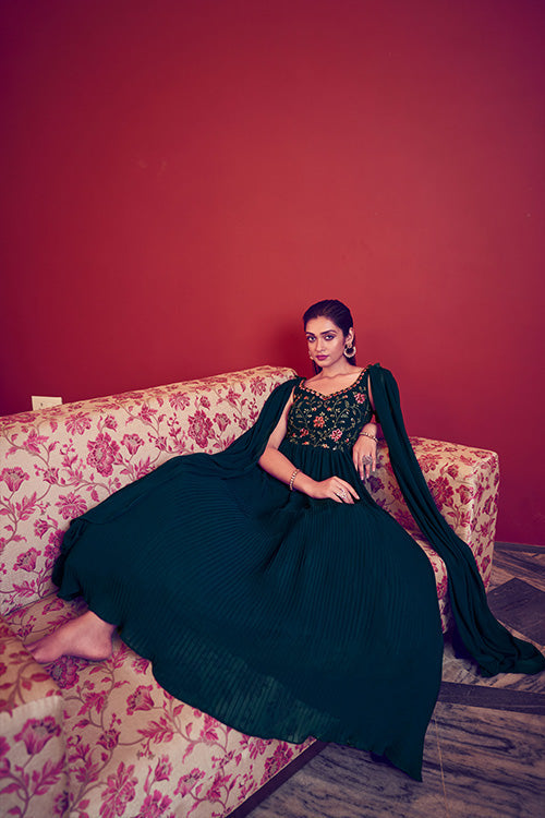 Teal Blue Off the Shoulder Embroidered Long Anarkali Style Gown ClothsVilla.com