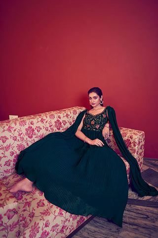 Teal Blue Off the Shoulder Embroidered Long Anarkali Style Gown ClothsVilla.com