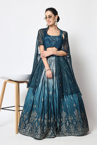Teal Blue Traditional Attire Bridal Foil Printed Lehenga Choli ClothsVilla.com