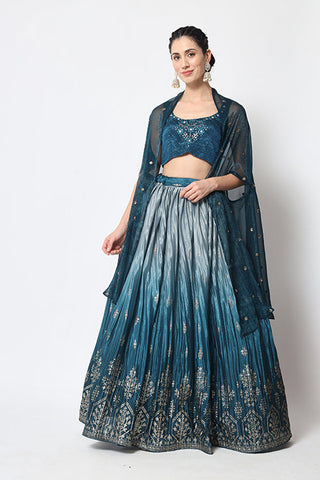 Teal Blue Traditional Attire Bridal Foil Printed Lehenga Choli ClothsVilla.com