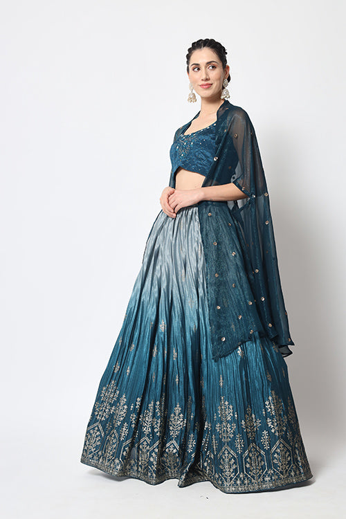 Teal Blue Traditional Attire Bridal Foil Printed Lehenga Choli ClothsVilla.com