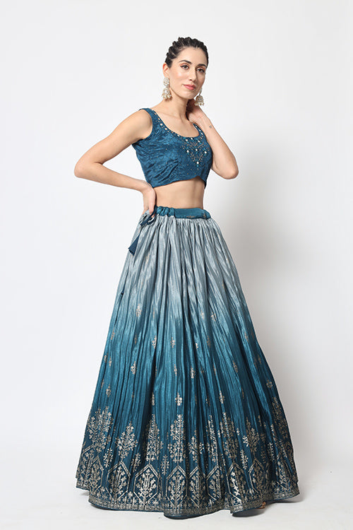 Teal Blue Traditional Attire Bridal Foil Printed Lehenga Choli ClothsVilla.com