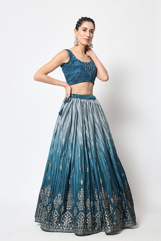 Teal Blue Traditional Attire Bridal Foil Printed Lehenga Choli ClothsVilla.com