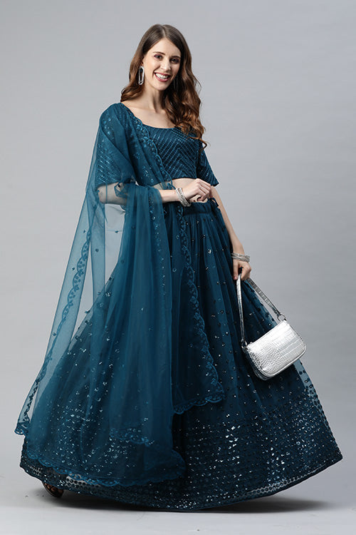Teal Blue Traditional Exclusive Embroidered Lehenga Choli Collection ClothsVilla.com Main image