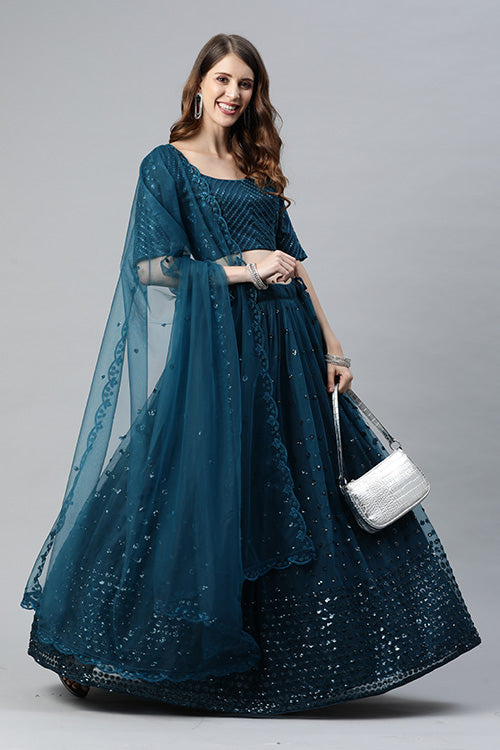 Teal Blue Traditional Exclusive Embroidered Lehenga Choli Collection ClothsVilla.com
