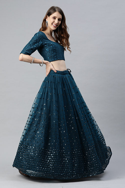 Teal Blue Traditional Exclusive Embroidered Lehenga Choli Collection ClothsVilla.com