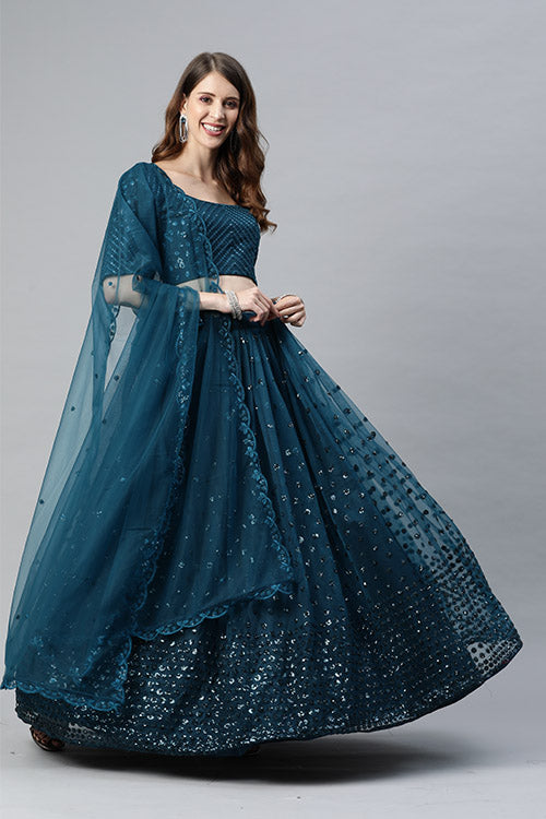 Teal Blue Traditional Exclusive Embroidered Lehenga Choli Collection ClothsVilla.com