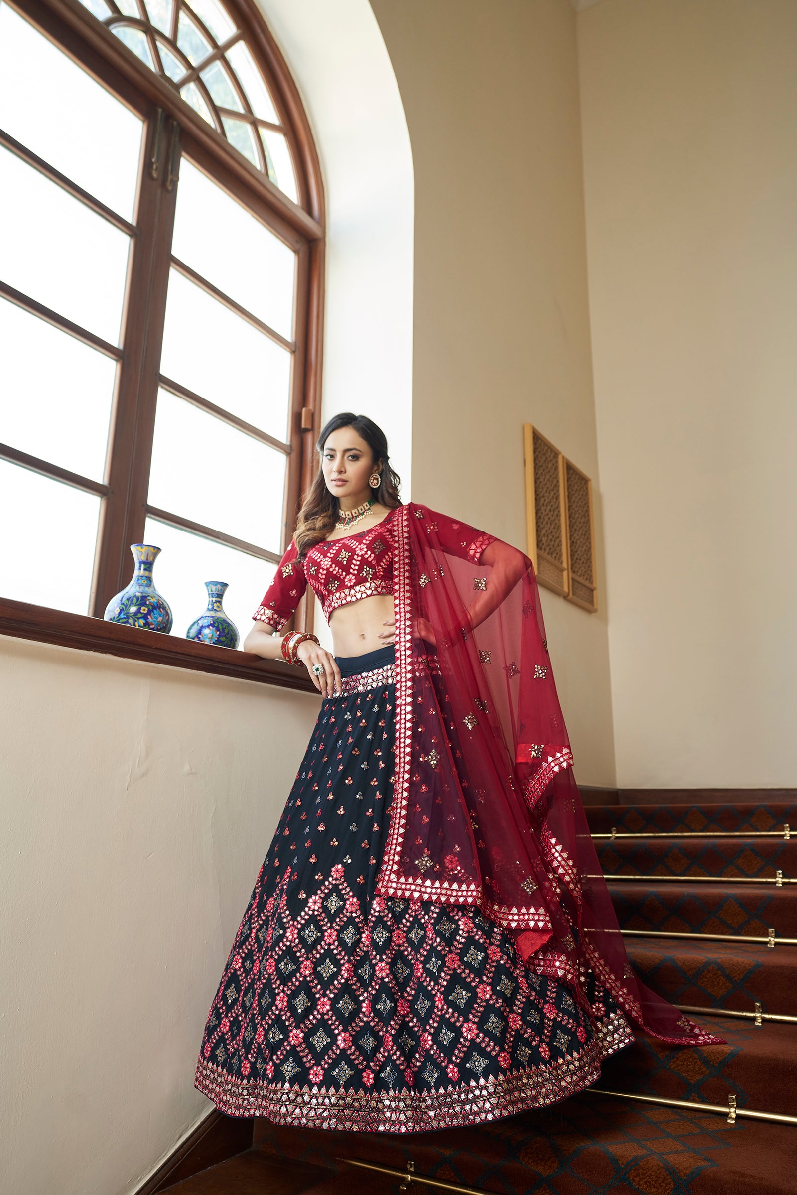 Teal Blue With Maroon Choli, Georgette Fabric And Gota Patti With Thread And Sequence Embroidery Work Heavy Can Can For Wedding, Party Wear ClothsVilla