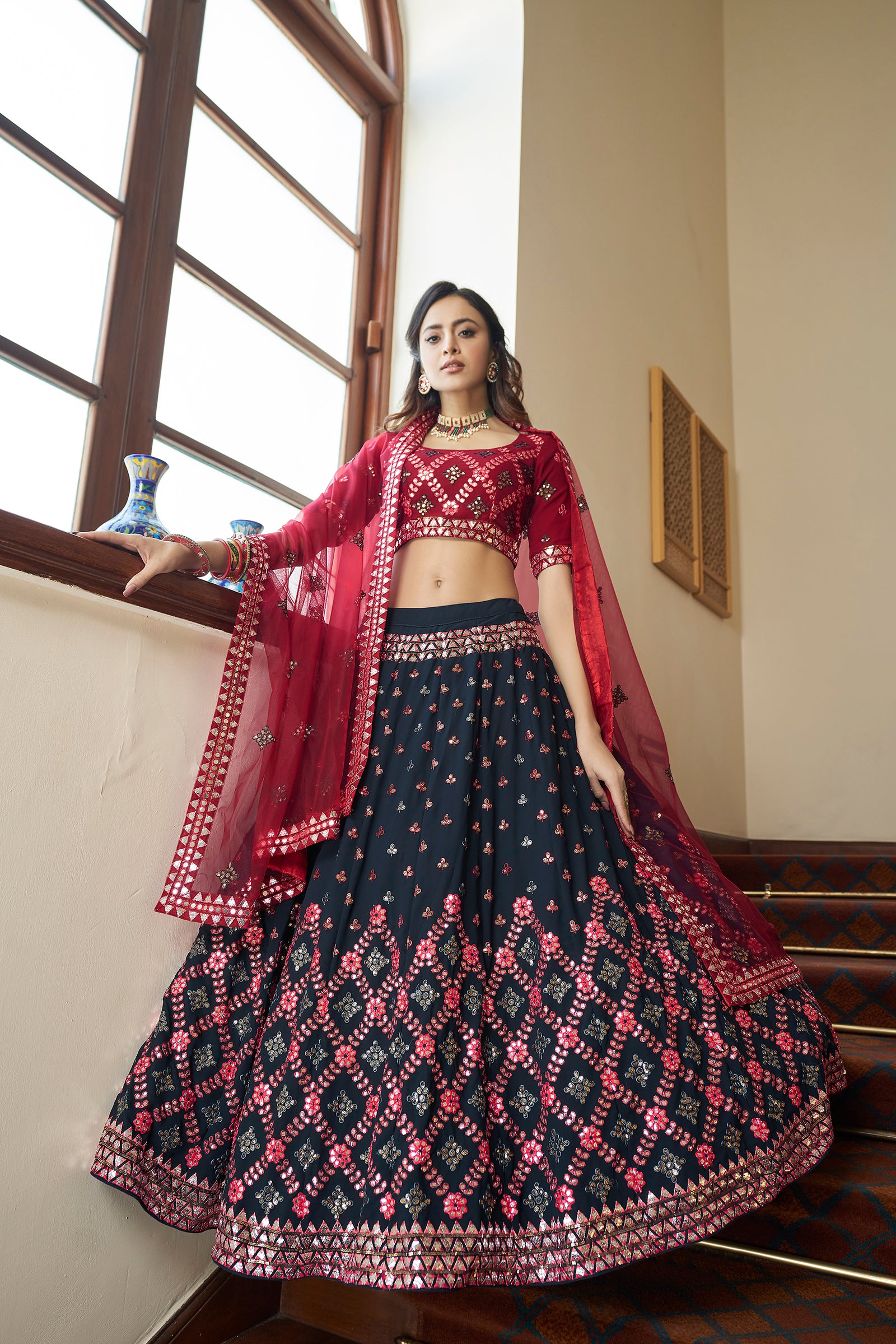 Teal Blue With Maroon Choli, Georgette Fabric And Gota Patti With Thread And Sequence Embroidery Work Heavy Can Can For Wedding, Party Wear ClothsVilla